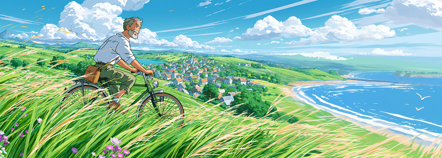A man cycling through wind-blown grass above a seaside village, Ghibli style